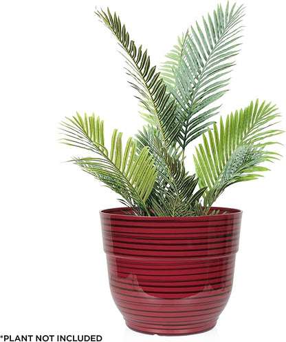 Alpine Corporation TWM120RD Indoor/Outdoor 13" Round Striped Planter, Glossy Planter with Drainage Hole and Plug, Red