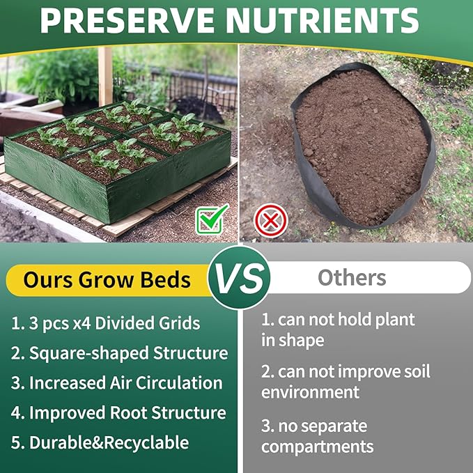 3 Pack Plastic Raised Garden Bed, 4 Grids Square Grow Bags PE Vegetable Planter Bags for Vegetables Durable Planter Box with Drainage Hole Rectangle Container Gardening for Herbs, Flowers