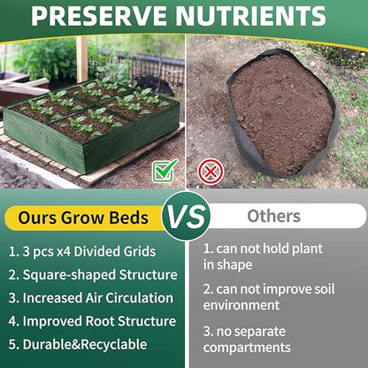 3 Pack Plastic Raised Garden Bed, 4 Grids Square Grow Bags PE Vegetable Planter Bags for Vegetables Durable Planter Box with Drainage Hole Rectangle Container Gardening for Herbs, Flowers
