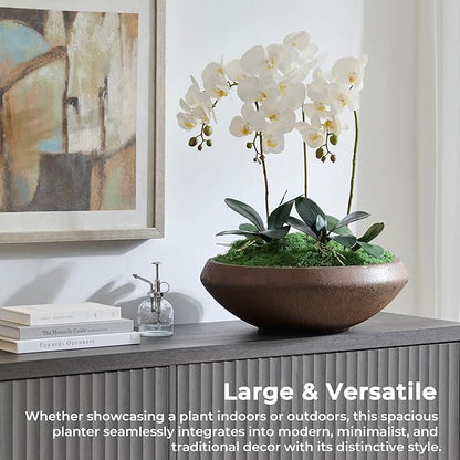 Concrete Lotus Bowl Planter 19"Dia x 6.3"H Large Succulent Pot with Drainage Hole & Plug, 16.7" Opening Low Planters for Indoor Outdoor Plants, Home, Patio, Garden, Weathered Concrete, Medium-Rust