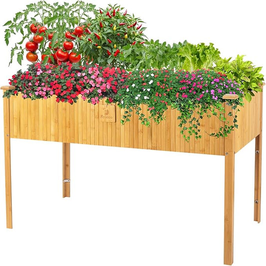 Bamboo Raised Garden Beds Outdoor, Raised Garden Bed with Legs, Elevated Bamboo Planter Box, Standing Growing Bed for Growing Fresh Herbs, Vegetables, Succulents, Flowers (48x25x30 Inch)
