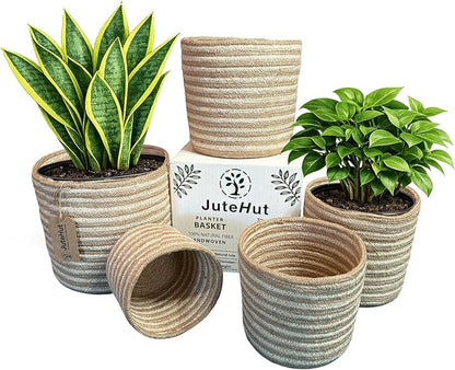 Planter Basket Set – 5-Piece Handwoven Jute Planter Basket for Home Decor, Nursery, or Indoor Plants (5'' to 8'' Diameter, 4.75'' to 7.75'' Height) – Wrinkle Free - Natural Beige with White Stripes