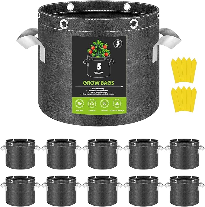 InfiniPower 10 Pack 5 Gallon Plant Grow Bags, 400G Thick Nonwoven Fabric Pots with Multi-Purpose Rings and Handles, Reusable for Low Stress Plant Training Fruits, Vegetables and Flowers