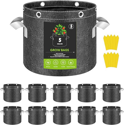 InfiniPower 10 Pack 5 Gallon Plant Grow Bags, 400G Thick Nonwoven Fabric Pots with Multi-Purpose Rings and Handles, Reusable for Low Stress Plant Training Fruits, Vegetables and Flowers