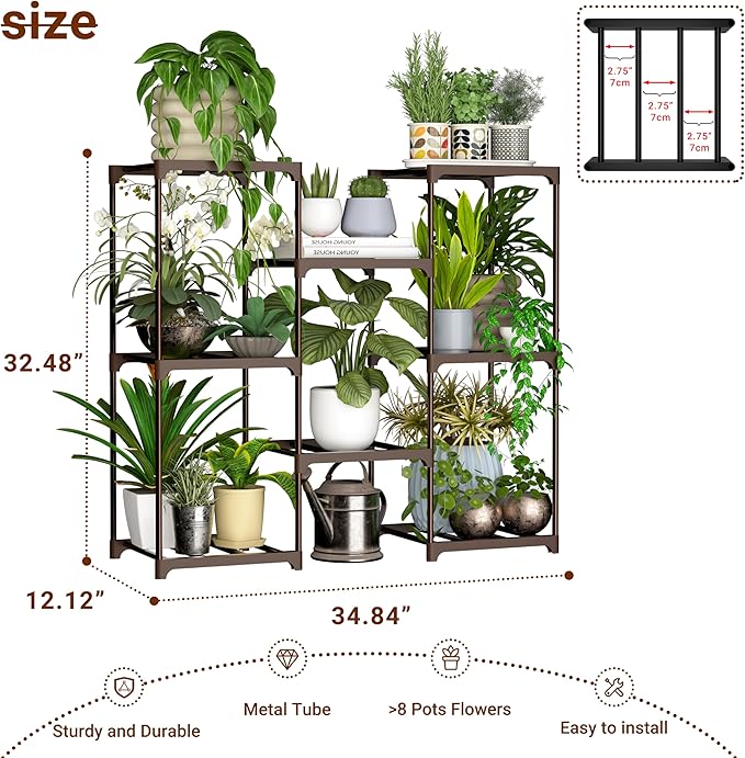 Plant Stand Indoor Outdoor Plant Shelf Stand, 3 Tiers 8 Pots Large Potted Metal Flower Plant Rack for Multiple Plants, Hanging Tall Planter Holder for Patio Balcony Living Room Corner Porch Garden Boho Decor Brown