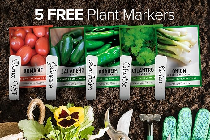Gardeners Basics, Heirloom Salsa Growing Seed Packets, Roma VF Tomato, Jalapeno, Cilantro, Anaheim and Onion Seeds for Garden Non GMO 5 Free Plant Markers
