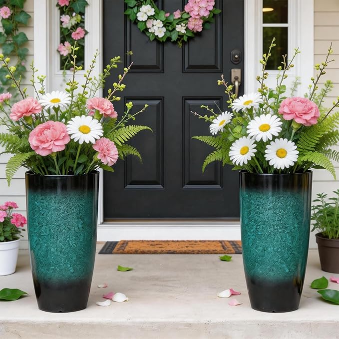 23.8" Tall Outdoor Planters Set of 2, Ceramic-Look Large Flower Pots for Indoor Outdoor Plants, All Seasons for Porch, Balcony, Garden, Patio or Home Art Decor, Gradient Turquoise Finish