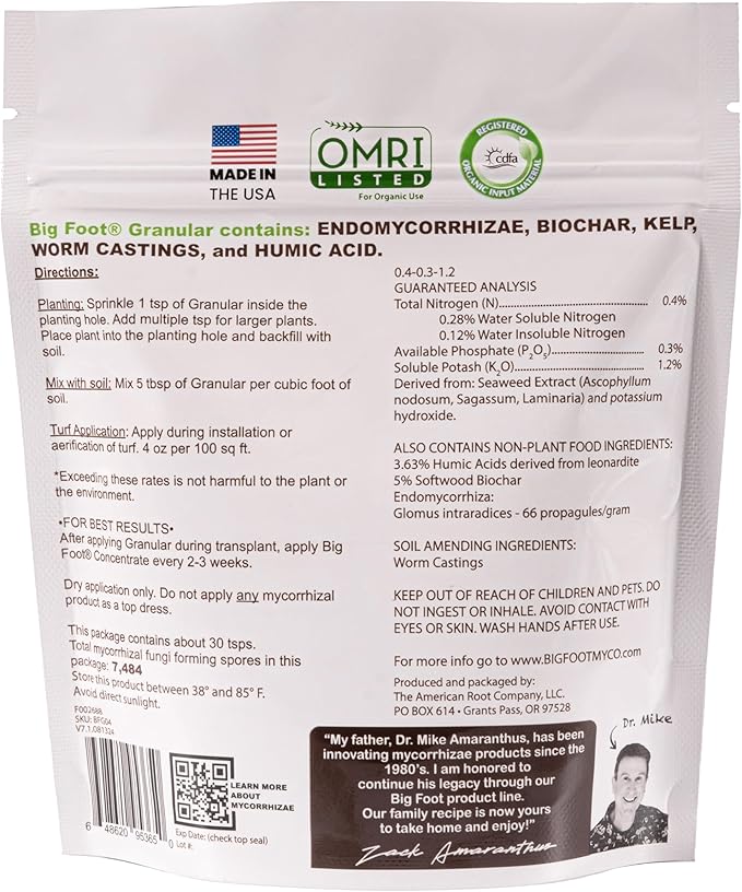 Big Foot Mycorrhizae - Double Your Plant Size – Easy to Use – Made in USA – Treats 30 Plants (7,500 mycorrhizal Spores)