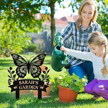 Custom Metal Butterfly Garden Sign with Stake, Personalized Garden Signs for Outside, Customized Garden Name Signs for Yard Lawn Outdoor Decor Gardening Gifts for Moms Grandmas Gardeners