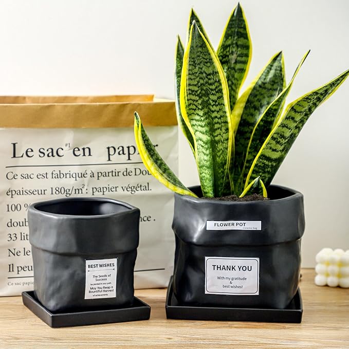 Nihow Ceramic Plant Pot: 6 Inch Planter with Drainage Hole & Square Saucer for Herbs/Plants, Bag Shape Design Flower Pot for Indoor & Outdoor Garden Decor - Black