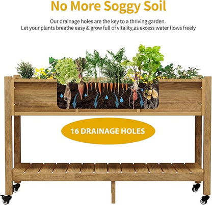 DWVO 47x18x31in Raised Garden Bed Outdoor HDPE with Legs and Lockable Wheels, Weather-Resistant Poly-Wood Elevated Planter Box, Double Tier Planters for Backyard Patio Balcony, Brown