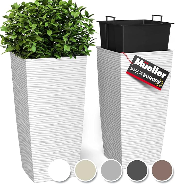 Mueller Janska M-Resin Heavy Duty Tall Planter, Indoor/Outdoor Grande Plant, Tree, Flower Pot, 2-Piece Set, 27.5”, Modern Design, Built-in Drainage, White