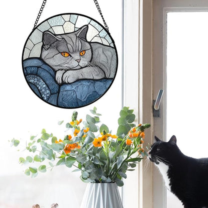 Stained Glass Window Hanging 4 Pcs Set Cute Cat Large 11.8" - Suncatcher Door Garden Sun Catcher Decor Birthday Mother's Day Christmas Comfort Gifts for Lost Pet Woman Nana Mom Men Friend