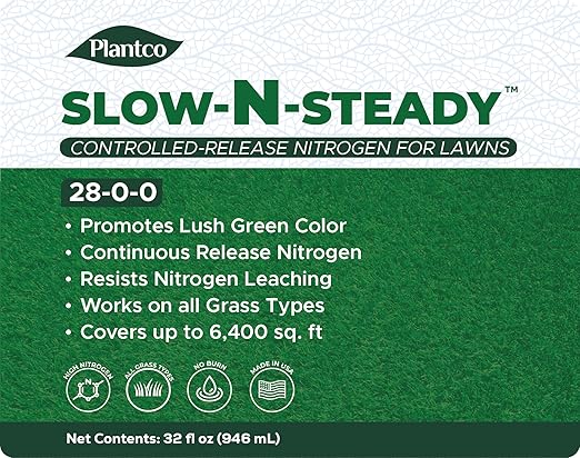Slow-N-Steady Liquid Lawn Fertilizer | 28-0-0, High Nitrogen, Slow Release Nitrogen (SRN) | Urea Triazone Sprayable Fertilizer | 32 fl oz Bottle | Steady Green-Up for Lawns| Made in The USA |