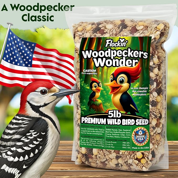 Woodpecker Bird Seeds for Outside Wild Birds - Premium Woodpecker Food with Sunflower Chips, Peanuts & Suet - Attract Woodpeckers & Songbirds - Bird Food for Outside Wild Birds - No Fillers (5LBS)