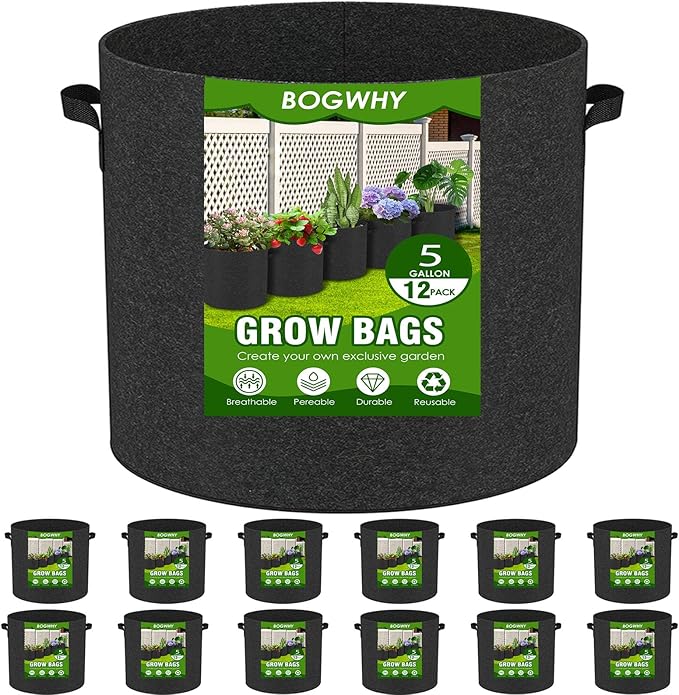 12-Pack 5 Gallon Thickened Non-Woven Breathable Plant Grow Bags, Fabric Inflatable Pots Flowerpots with Handles, Fabric Plant Bags, Black.
