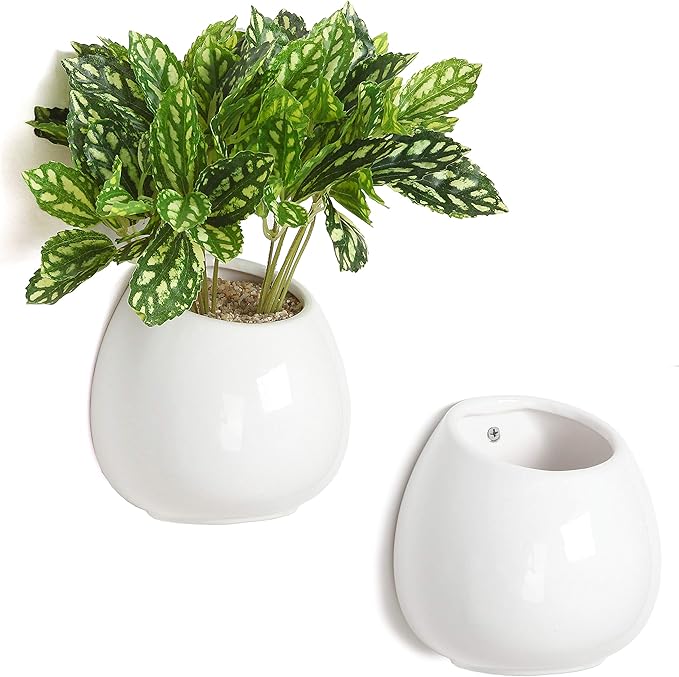 MyGift 6-inch White Ceramic Wall Planter Vase - Hanging or Desktop Succulent Plant String of Pearls Cactus Indoor Pots, Set of 2