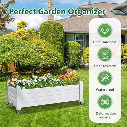 Raised Garden Bed with Wheels, 21 Gallon Self-Watering Outdoor Raised Planter Box with Drainage Plug & Gauge for Vegetables Flowers Herbs, Rustproof Resin for Backyard Patio Porch (Ashen)