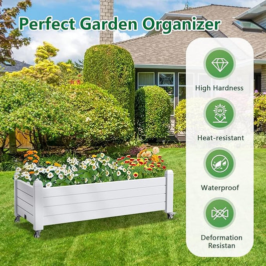 Raised Garden Bed with Wheels, 21 Gallon Self-Watering Outdoor Raised Planter Box with Drainage Plug & Gauge for Vegetables Flowers Herbs, Rustproof Resin for Backyard Patio Porch (Ashen)