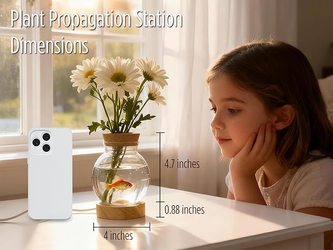 Plant Propagation Station with Light, Glass Planter Station with Waterproof Lighted Wooden Base, Desktop Hydroponic Plants Terrarium, Round Glass Planter for Home Decor & Office Decor