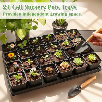 24 Cell Nursery Pots Trays 10 Pack (17"x11"x1.6"), Reusable Plastic Plant Pot Tray with Drain Holes, Carrying Seed Starter Tray for Holding 3 inch Square Nursery Pots (Black)