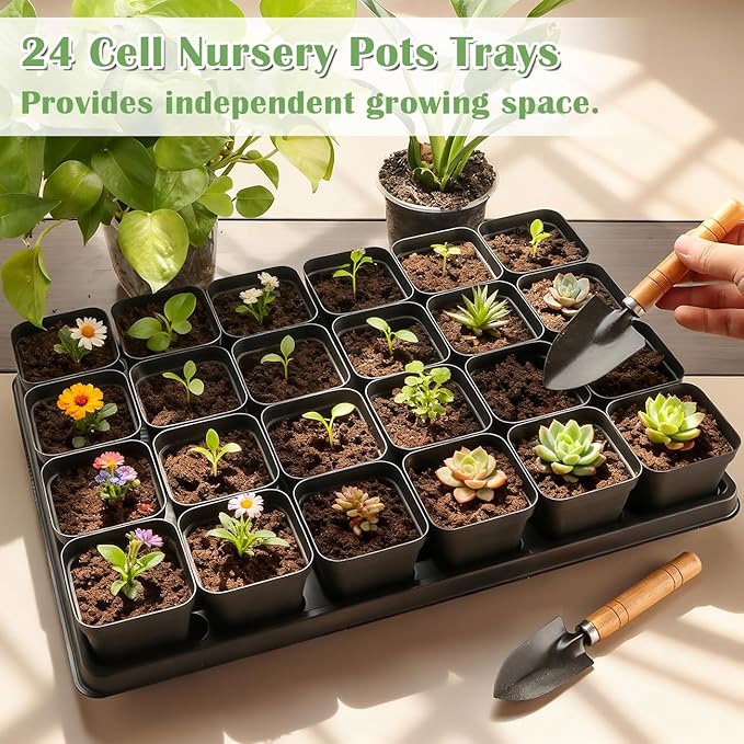 24 Cell Nursery Pots Trays 5 Pack (17"x11"x1.6"), Reusable Plant Pot Tray for Holding 3 inch Square Nursery Pots, Durable Plastic Carrying Seed Starter Tray with Drain Holes (Black)