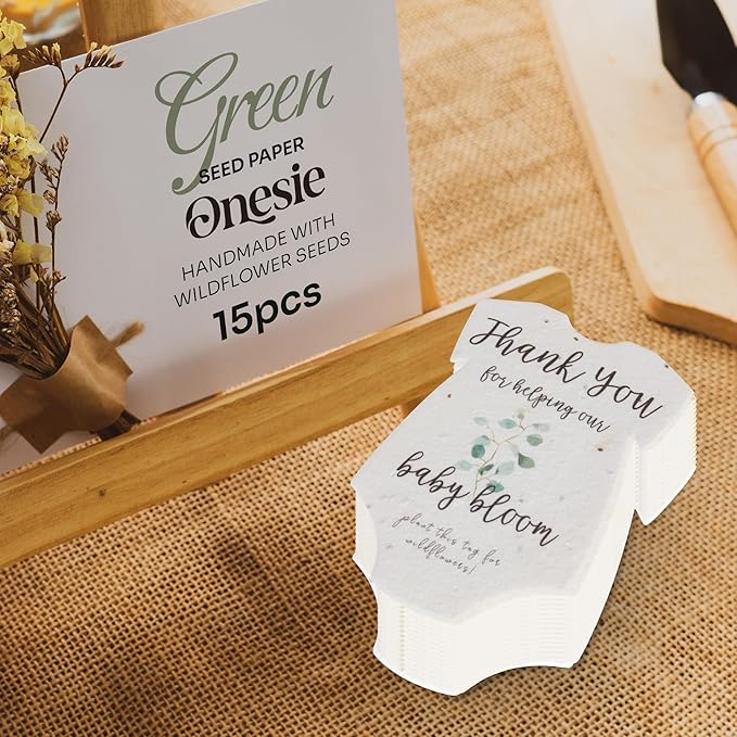 Onesie Seed Paper – 15 Green Shower Favors for Guests with Wildflower Seeds, Writable & Plantable, Shower Favor Gifts for Guest