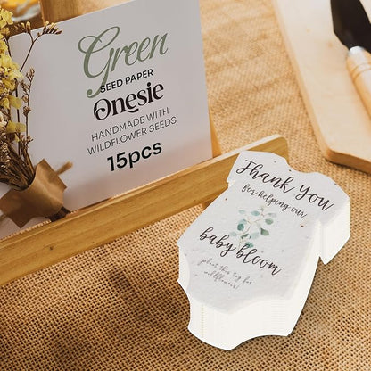 Onesie Seed Paper – 15 Green Shower Favors for Guests with Wildflower Seeds, Writable & Plantable, Shower Favor Gifts for Guest