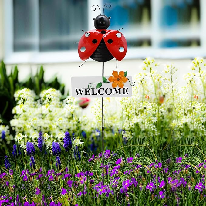 Morning View Ladybug Garden Stakes Decorative Metal Insect Yard Stake Outdoor Spring Lawn Ornaments Yard Art Patio Pathway Flower Pot Outside 30 Inch Tall