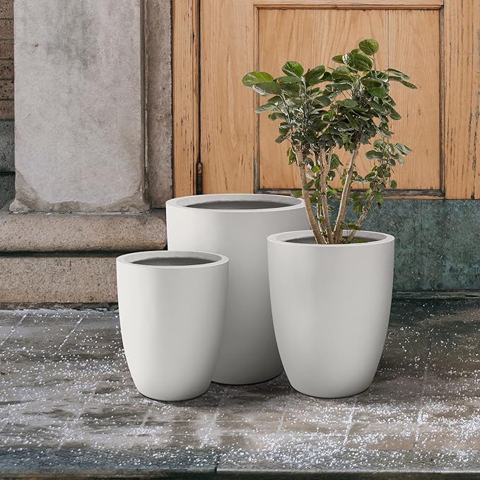 Kante 18.1",20.5",22.4" H Tall Round Concrete Planters Set of 3, Outdoor Indoor Modern Decorative Plant Pots with Drainage Hole & Rubber Plug for Home & Garden Pure White
