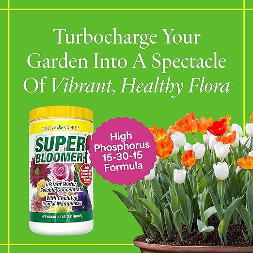 Grow More Super Bloomer 15-30-15 Fertilizer - 1.5lbs of Flower Fertilizer Bloom Booster - Flower Food for Flowers of All Types - Water-Soluble Bulb Food with Chelated Iron and Manganese
