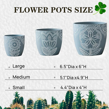 Terracotta Plant Pots,6.5+5+4.4 Inch Plant Pots Indoor with Drainage Hole- Floral Pattern,Blue Ceramic Planters for Indoor Plants,Boho decorative Flower Pots for Succulents,Herbs Plants,Set of 3