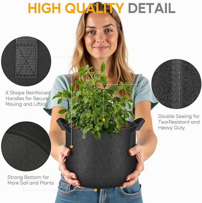 YSSOA 10-Pack Fabric Grow Bags 5 Gallon with Pruner, 300G Thickened Nonwoven Plant Growing Pots with Handles, Planting Bags for Vegetables, Black