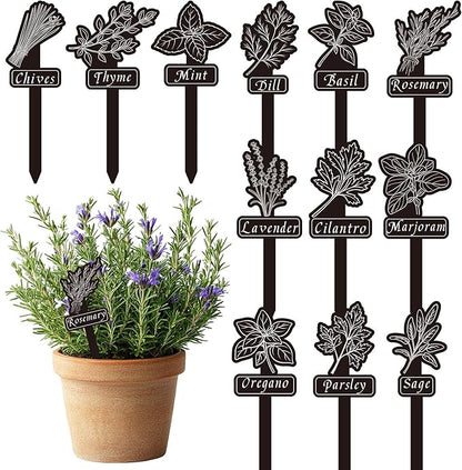 Whaline 24Pcs Herb Plant Label Signs 12 Styles Garden Herb Markers Waterproof Black Acrylic Plant Stake Tags with Names for Nursery Indoor Outdoor Garden Decor