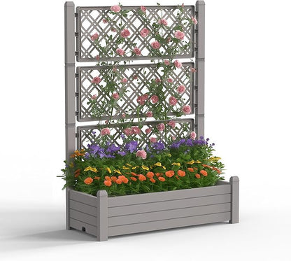 Raised Garden Bed with Trellis for Climbing Plants, 43.43" L x 18.27" W x 59.29" H Self Watering Planter Box with Drainage Holes for Outdoor Backyard Patio Balcony, Anti-Rust Resin (Grey)