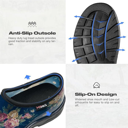 HISEA Waterproof Garden Shoe for Women Outdoor Slip-On Garden Clogs Rubber Rain Boots Short Ankle Booties Rain Shoes with Comfort Insole