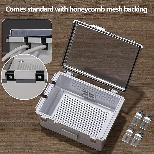 ABS Electrical Junction Box, Ventilated Design, Cable Grommets, IP65 Waterproof Enclosure, Indoor/Outdoor Use with Mounting Panel. (Clear Cover, 11"x7.4"x5.5")