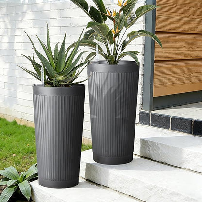Set of 2 Tall Self-Watering Planters, 24" Large Planters with Water Level Indicator for Indoor & Outdoor Plants, Modern Planters for Garden, Patio, Balcony, Porch, Cement Gray
