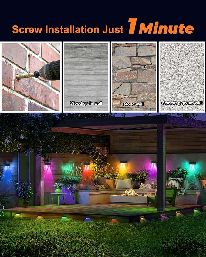 8 Pack Color Changing Solar Powered Fence Lights Outdoor Decorative LED Waterproof Yard Lamps for Outside Wall, Deck, House Patio, Rail, Stair, Backyard, Pool, 7 Colorful Modes, 1-Min Installation
