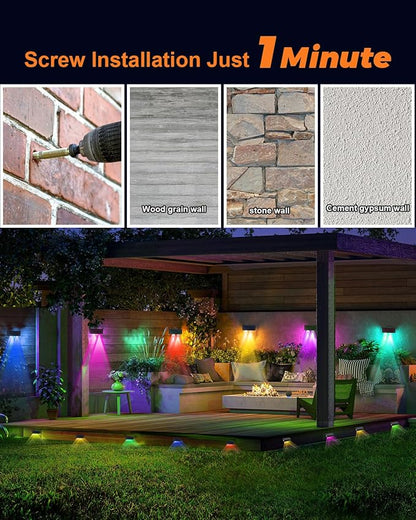 8 Pack Color Changing Solar Powered Fence Lights Outdoor Decorative LED Waterproof Yard Lamps for Outside Wall, Deck, House Patio, Rail, Stair, Backyard, Pool, 7 Colorful Modes, 1-Min Installation