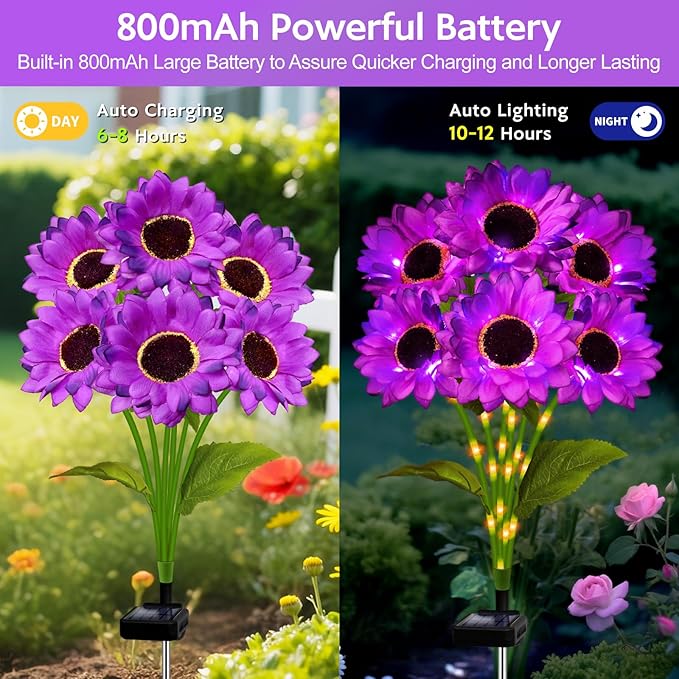 Solar Sunflower Lights Outdoor Garden Decor, 3 Pack Solar Purple Flowers Lights with 18 Sunflowers, Waterproof Fall Decor Stake Decorative Light Auto ON/Off for Garden Yard Patio, Gift for Women