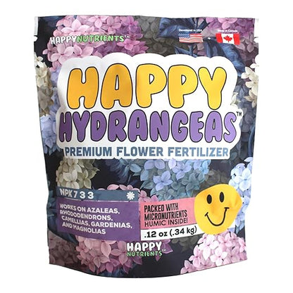 Happy Hydrangeas Fertilizer by Happy Nutrients - Premium 7-3-3 Powder with Micronutrients & Humic - Ideal for Hydrangeas, Azaleas, Rhododendrons, Camellias, Gardenias, and Magnolias - 12 oz