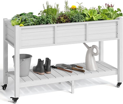 YITAHOME Raised Garden Bed HDPE, 47x18x31In Raised Flower Bed Poly-Wood Weather-Resistant Elevated Planter Box with Lockable Wheels & Storage Shelf for Vegetable Flower, White