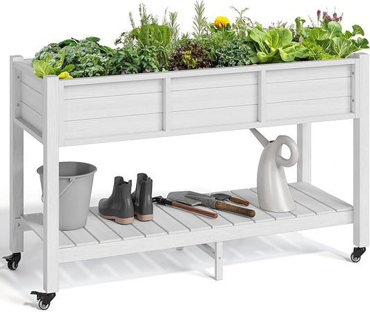 YITAHOME Raised Garden Bed HDPE, 47x18x31In Raised Flower Bed Poly-Wood Weather-Resistant Elevated Planter Box with Lockable Wheels & Storage Shelf for Vegetable Flower, White