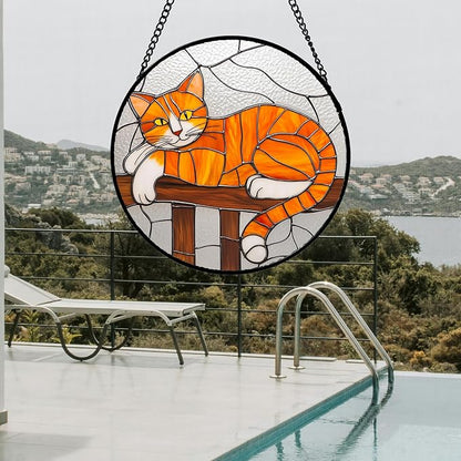 Stained Glass Window Hanging 4 Pcs Set Cute Cat Large 11.8" - Suncatcher Door Garden Sun Catcher Decor Birthday Mother's Day Christmas Comfort Gifts for Lost Pet Woman Nana Mom Men Friend