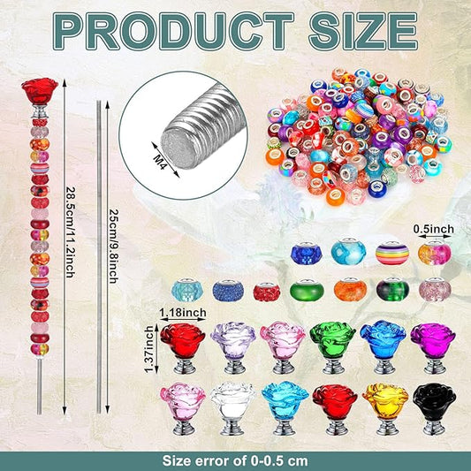 Tigeen 236 Pcs Garden Stake DIY Fairy Wand Plant Stake with 12 Colorful Crystal Stopper Top 12 Threaded Rod with 200 Large Hole Bead for Spring Summer Holiday Outdoor Decorations(Rose Flower)