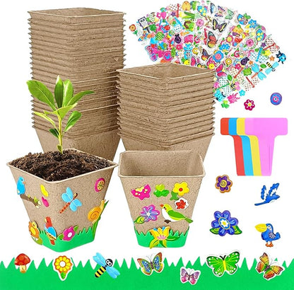 40 Set Garden Paper Pot Craft Kit, Seed Starter Pots with Adhesive Foam Stickers and Pot Labels, Seed Starter Pots for Kids Spring Summer Early Graduation DIY Crafts