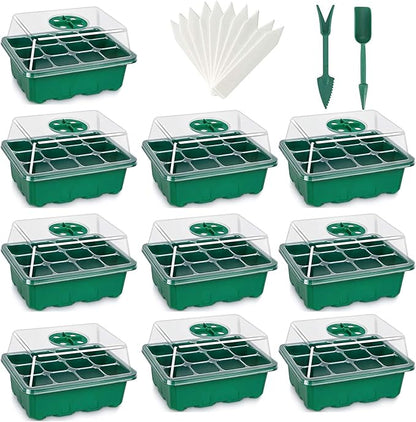 Seed Starter Tray, 12-Pack 144 Cells Seedling Starter Trays, Humidity Adjustable Seed Tray Kit with Dome and Base Greenhouse Grow Trays Mini Propagator for Seeds Growing Starting