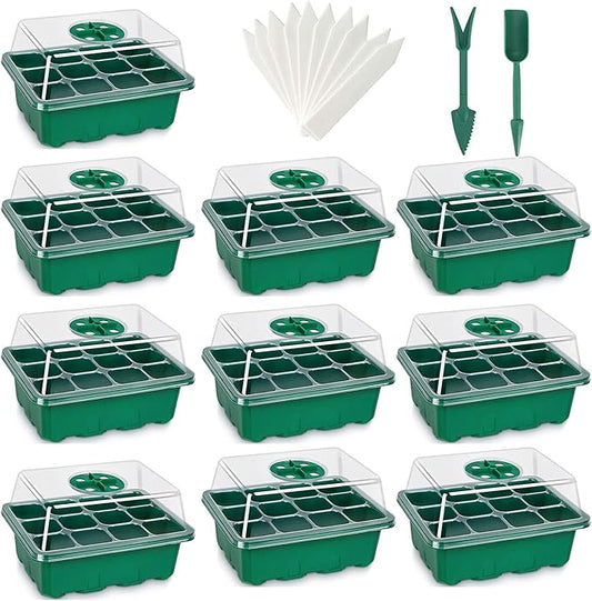 Seed Starter Tray, 12-Pack 144 Cells Seedling Starter Trays, Humidity Adjustable Seed Tray Kit with Dome and Base Greenhouse Grow Trays Mini Propagator for Seeds Growing Starting
