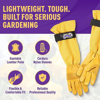 GORILLA EASY CONNECT Gardening Gloves Lightweight Tough Heavy Duty Long Sleeve Leather Pruning Gloves with Adjustable Strap